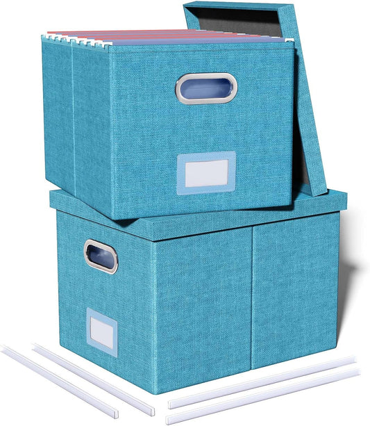 2 Pack File Storage Organizer, Document Organizer, Portable File Box with Lid, Fit for Letter/Legal File Folder Storage,Calamine Blue+Cobalt Green,Box only