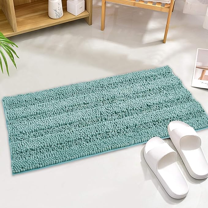 KGORGE Quick Drying Bathroom Rugs - Non-Slip Bath Mat Water Absorbent Thick Shaggy Chenile Bathtub Set for Toilet Kitchen Entryway, Aqua, 47" x 17", 1 Pc