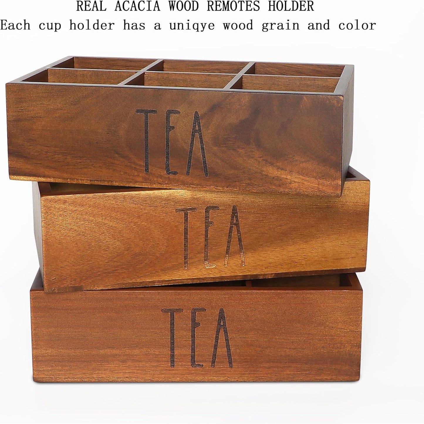 Tea Bag Organizer,Acacia Wood Tea Storage Containers with 6 Compartments, Sugar Packet Holder,Tea Bag Caddy Box for Cabinet Countertop Office (Brown- Labeled "TEA")