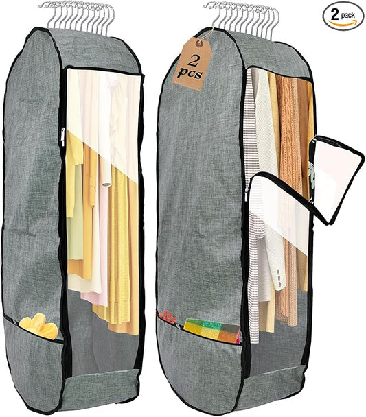 2PCS 50”Garment Bags for Hanging Clothes,Chakera Large Breathable Garment Bag for Closet Storage with 10”Gusseted,Clear Clothing Storage Garment Cover for Dress Sweater with Double Zipper,Grey