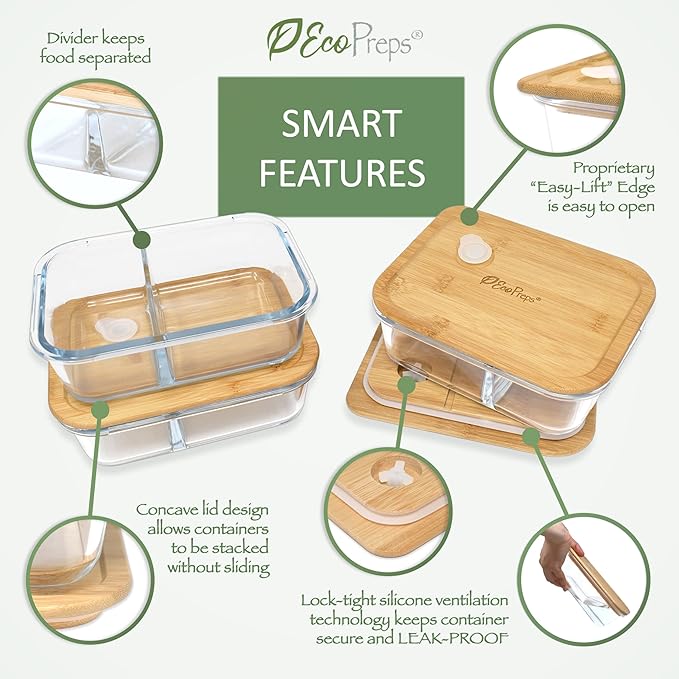 Glass Meal Prep Containers with Bamboo Lids, 2 Compartment Glass Bento Box Container Set (3 Pack) | 100% Plastic Free, Eco-Friendly, Lunch Containers with Lids Made of Bamboo - Set of 3