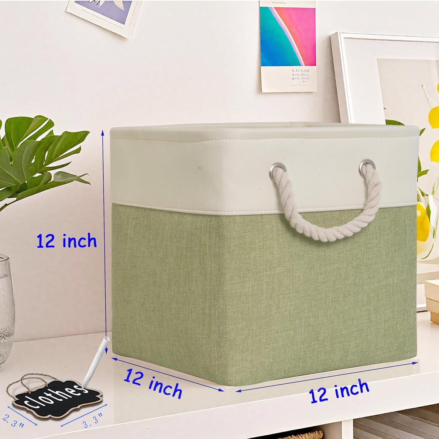 12 inch storage bins[6 Pack],Cube Storage Organizer Bins with Rope Handles, Eco-Friendly Linen Collapsible Organizers for Closet, Nursery, Toys, Office, Bathroom – Dual Color Design.(White&Green)