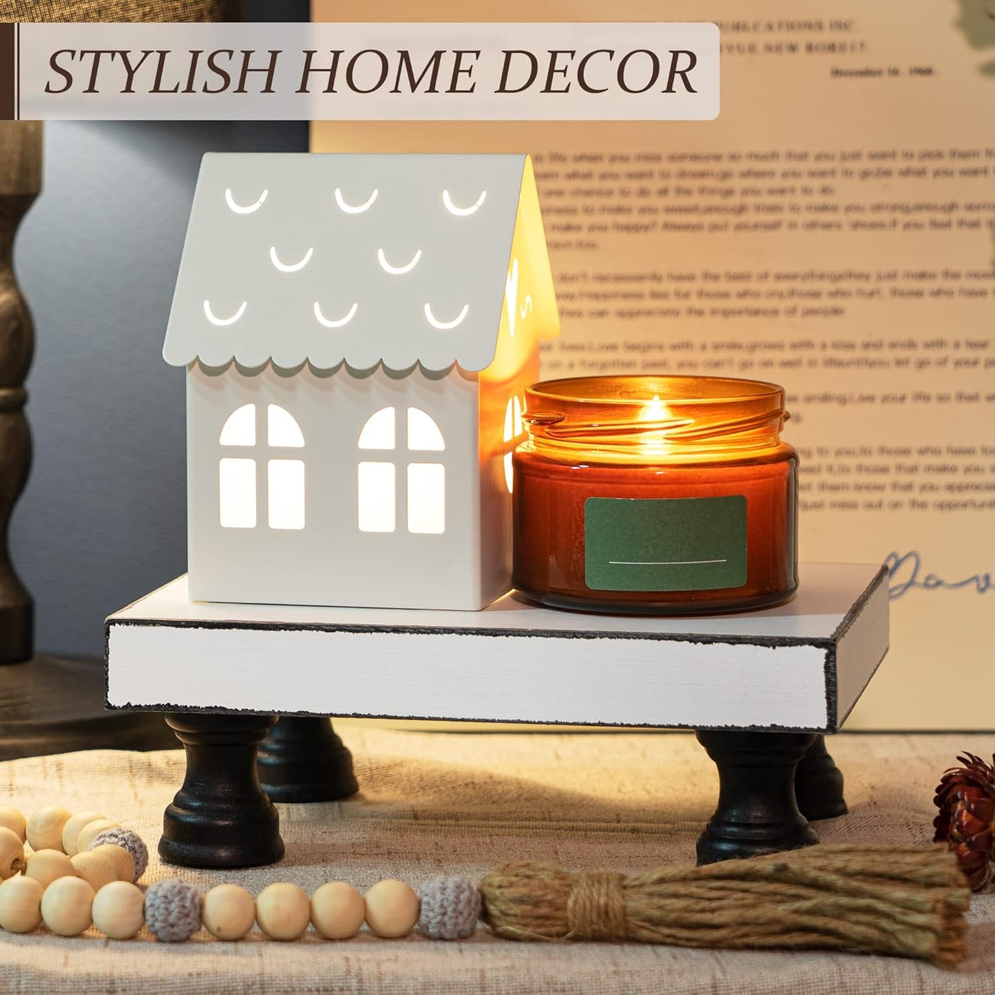 EOSAHR Decorative Wooden Riser for Display : Farmhouse Pedestal Stand for Retro Home Decor and Soap holder for Sink - The Rustic Tray Decor Riser for Kitchen & Bathroom (Black and White)