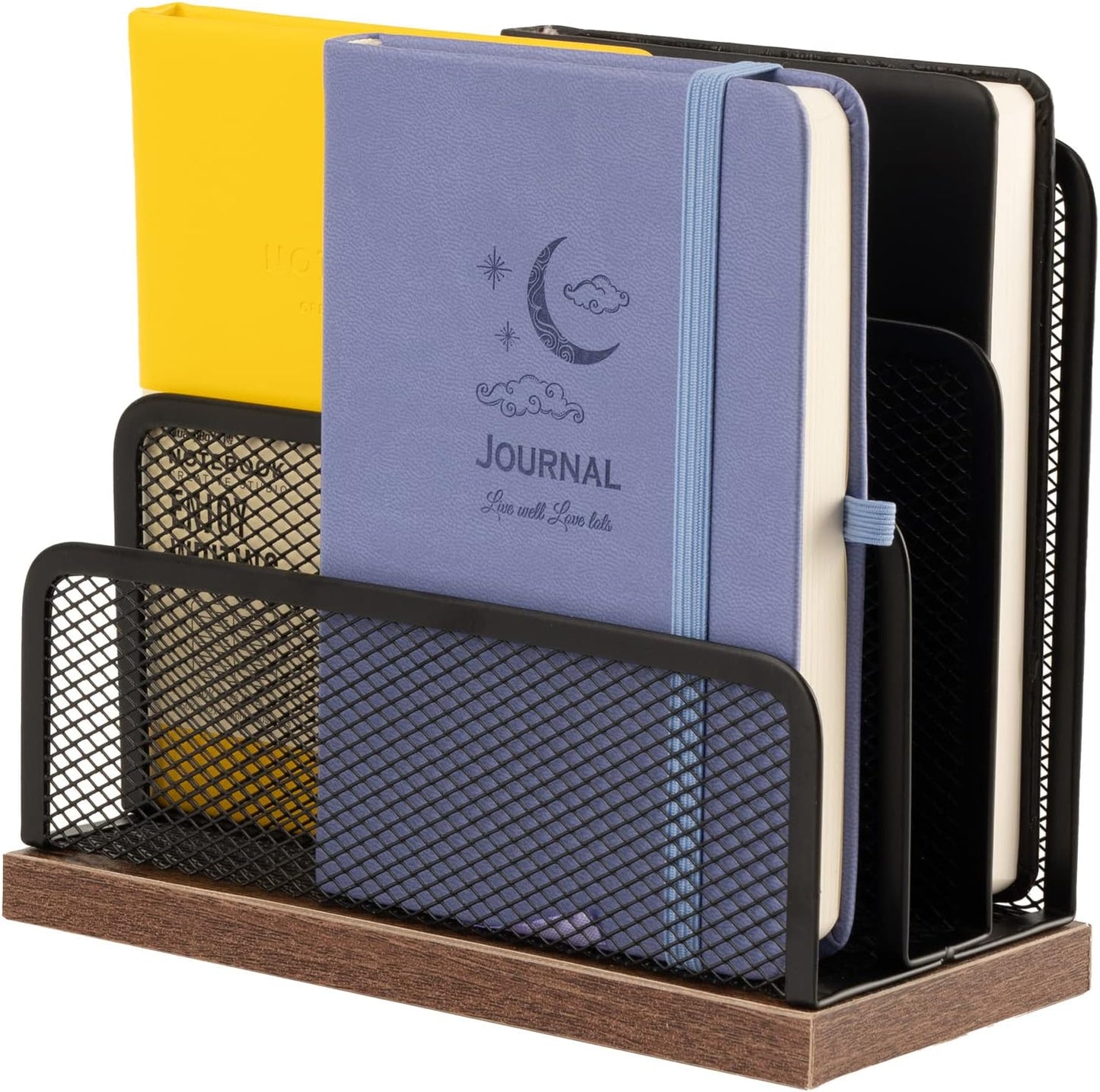 Wooden Desk Mail Organizer, Desktop File Organizer Metal Mesh with 3 Vertical Upright Compartments, Mail Sorter Letter Organizer Rack for Letters, Postcards, Brochures, Mail Holder (2 Pack Black)