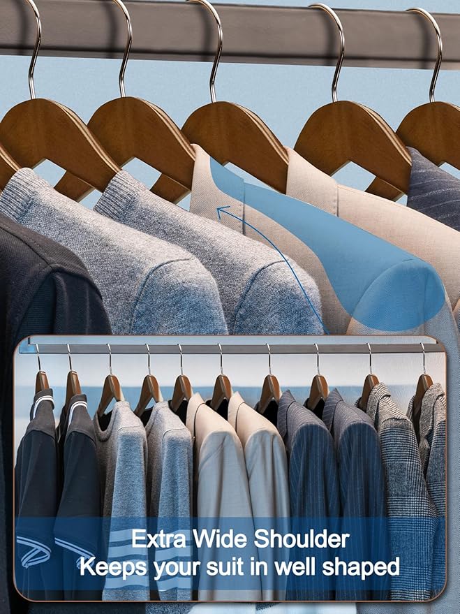 HOUSE DAY 19'' Extra Wide Shoulder Wooden Hangers 6 Pack, Premium Large Wood Suit Hangers with Non Slip Pant Holder, Wide Shoulder Hangers for Suits, Coats, Jackets, Heavy Wide Clothes Hanger, Walnut