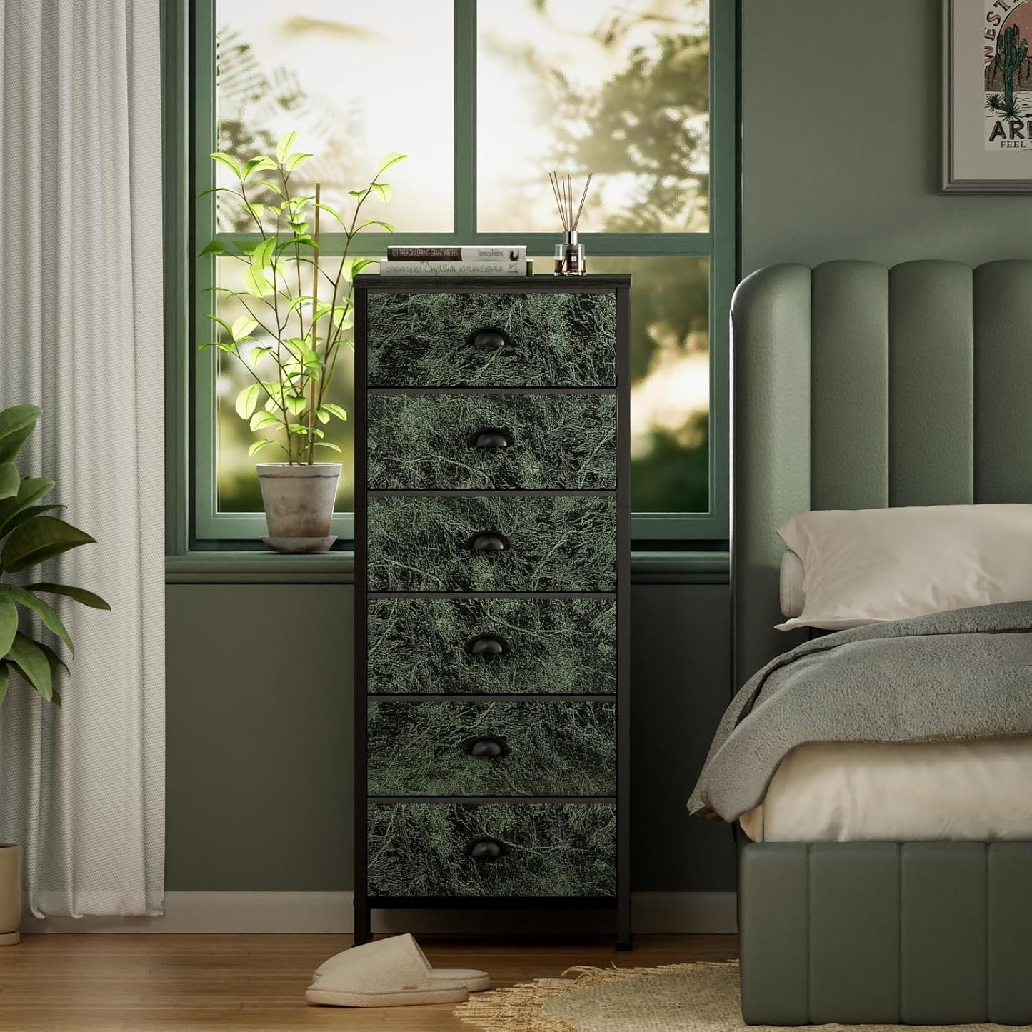 Furnulem Vertical Dresser for Bedroom,Tall Storage Tower Unit and Chest with 6 Drawers,Vintage Green Nightstand Furniture with Fabric Drawer Organizer in Dorm, Living Room,Closet,Entryway,Hallyway