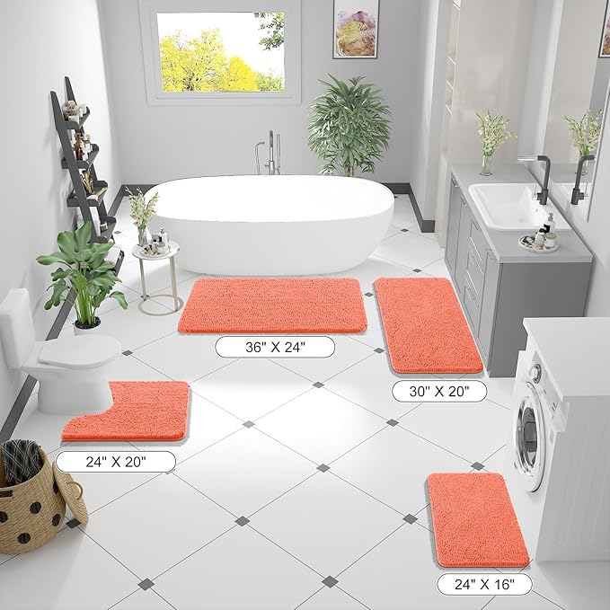 OLANLY Bathroom Rugs 70x24, Extra Soft Absorbent Chenille Bath Rugs, Rubber Backing Quick Dry, Machine Washable Bath Mats for Bathroom Floor, Tub and Shower, Home Decor Accessories, Coral