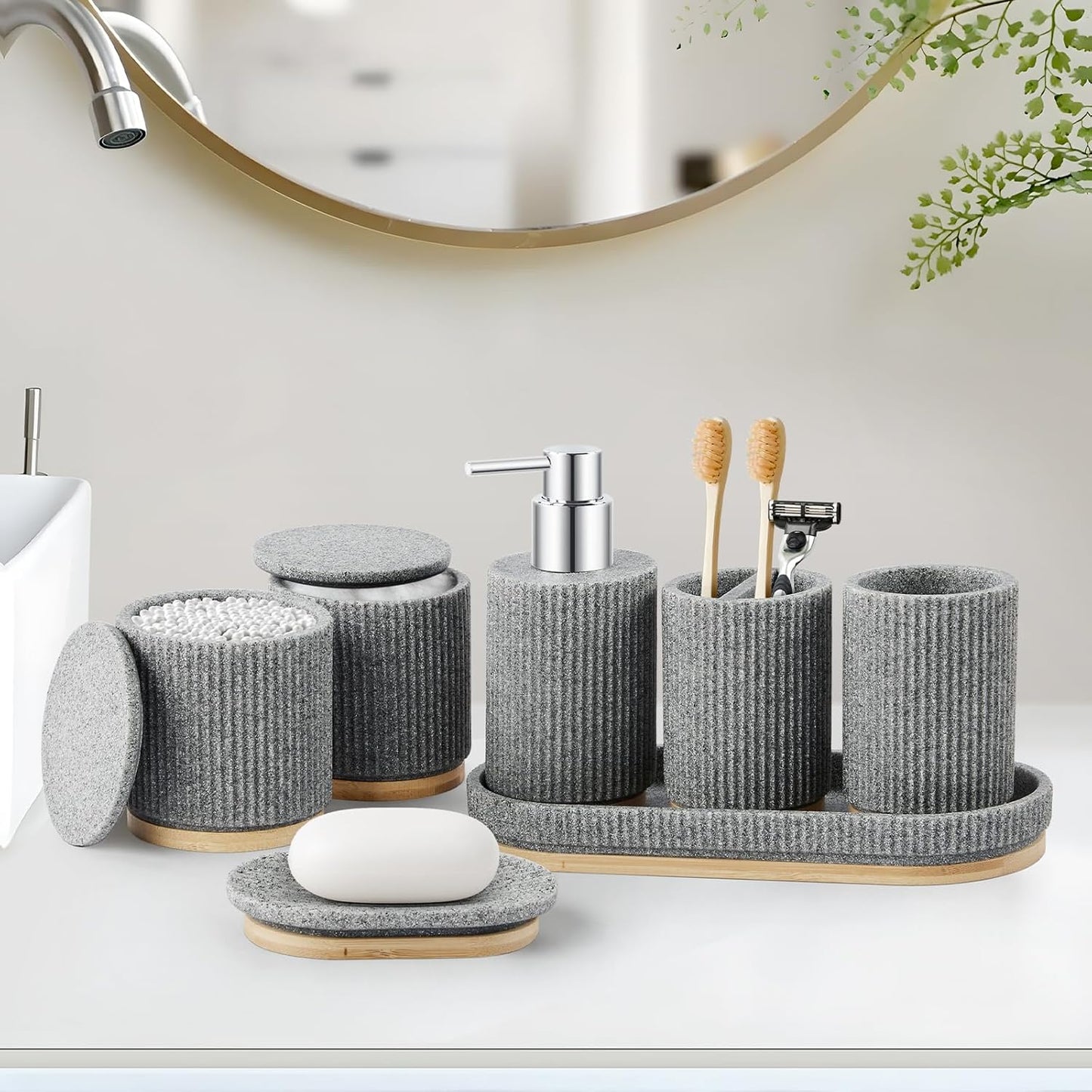 Bathroom Accessories Set, 7PCS Resin Bathroom Set with Bamboo Base, with Soap Dispenser, Q-tip Holder, Toothbrush Holder, Tumbler, Soap Dish, Vanity Tray, Complete Bathroom Set for Modern Decor,Grey