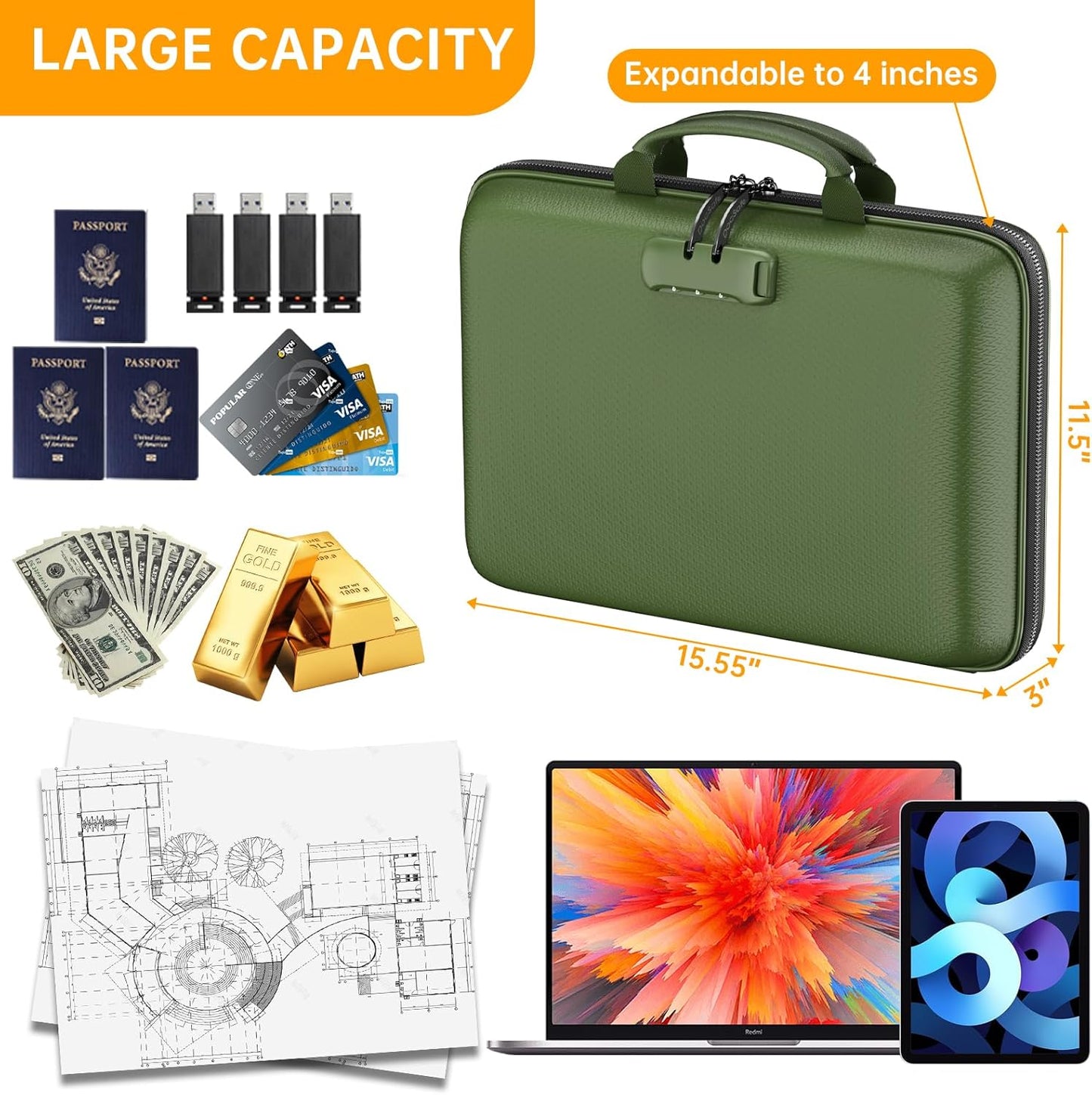 DocSafe Fireproof File Organizer with Lock, Hard-Shell Case Fireproof Document Box with 13 Pocket Accordion File Folder, Portable Home Office Travel Safe Storage for Important Documents Laptop Green