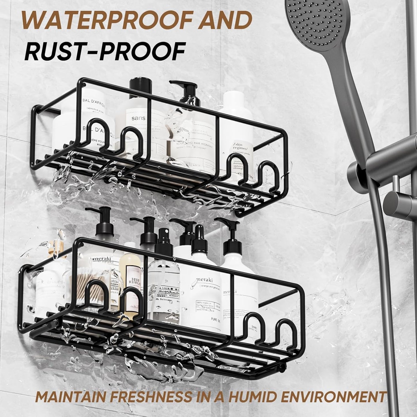 Adhesive Shower Caddy, Shower Shelves with Rustproof Coated, Wall Mounted Bathroom Organizer, Sleek Bathroom Organizers and Storage, No-Drilling (Black, 2 Pack)