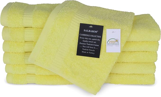 SALBAKOS 100% Turkish Cotton Washcloth Set of 12 13x13 inch | Heirloom Quality | Hotel & Spa Collection | Ultra Soft, Super Absorbent, Washcloth Towels | Made in Turkey (Yellow, 12 Washcloths)