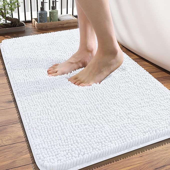 OLANLY Bathroom Rugs 34x21, Extra Soft Absorbent Chenille Bath Rugs, Rubber Backing Quick Dry, Machine Washable Bath Mats for Bathroom Floor, Tub and Shower, Home Decor Accessories, White
