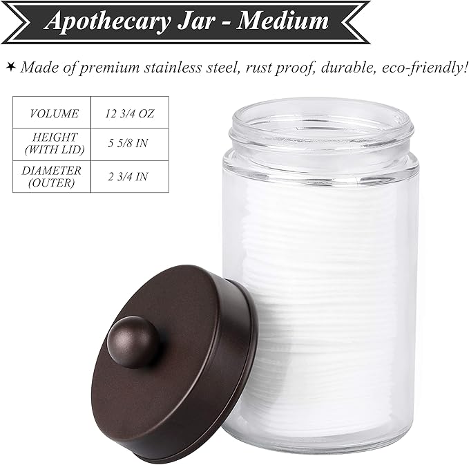 Apothecary Jars 3 Pack - Glass Bathroom Containers with Stainless Steel Lids - Rustic Farmhouse Decor Bathroom Accessories, Vanity Organizer Apothecary Jars for Qtip/Cotton Balls (Bronze)