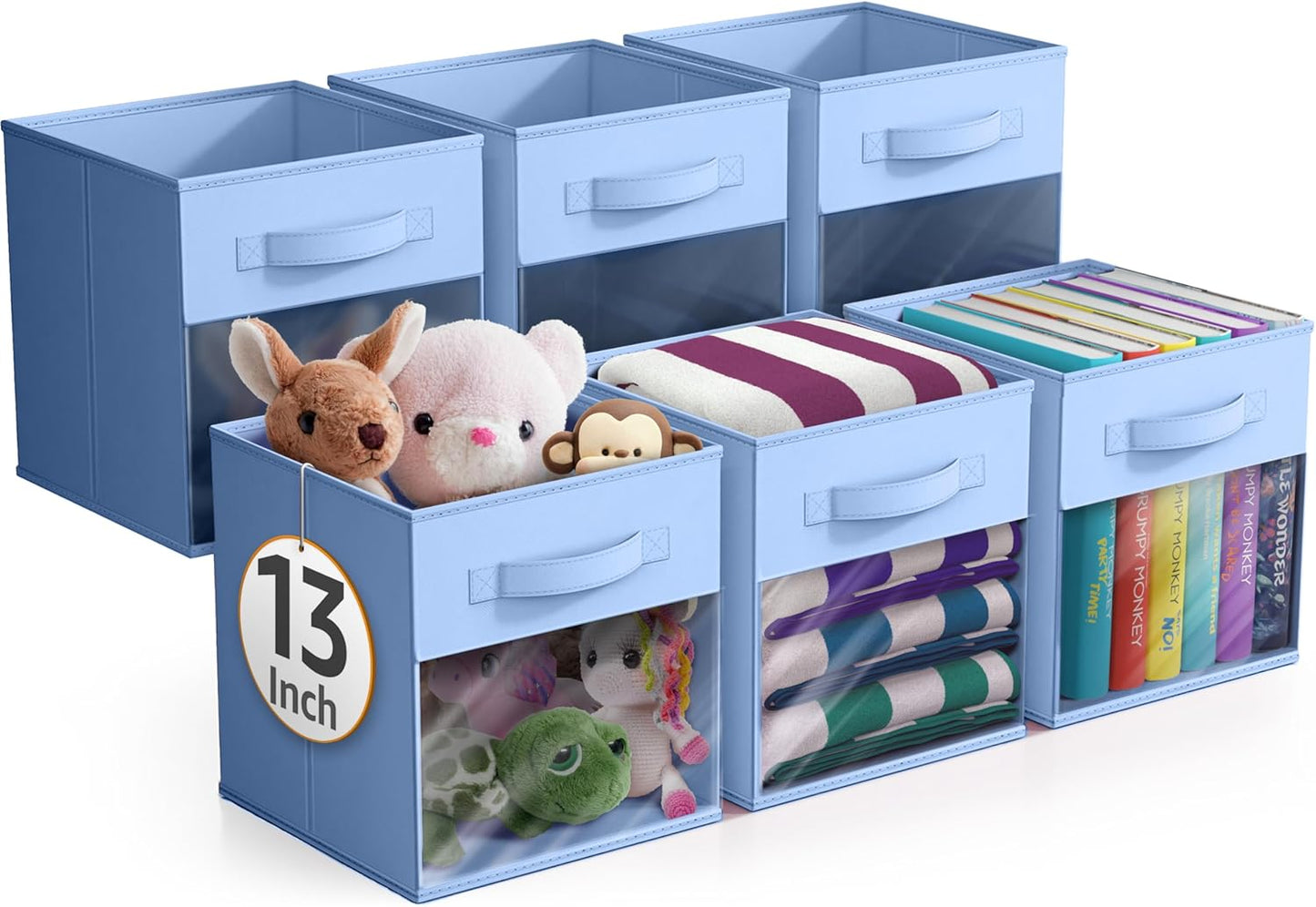 Sorbus 13 Inch Storage Bins with Clear Window - 6 Foldable Baskets for Organizing Clothes, Toys, Books - Sturdy Collapsible Fabric Storage Cubes with Handle - Storage Baskets for Shelves, Closets
