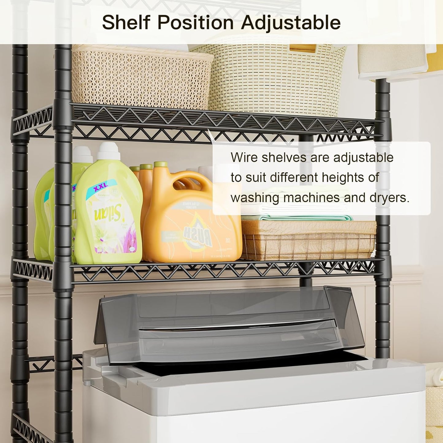 Ulif U11 Mini Over Washer and Dryer Shelves, 3 Tiers Laundry Room Storage and Organizer Standing Shelf, Metal Freestanding Clothes Drying Rack, 28.3”W x 19.7”D x 77.6”H, Black