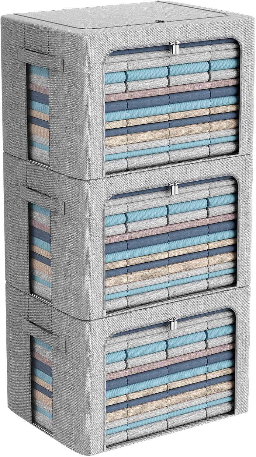 3Pack Foldable Storage Bins - Frame Storage Box Linen Fabric Stackable Clothes Container Organizer with Clear Window & Carry Handles Large Capacity (Extra Large-100L, Light Grey)