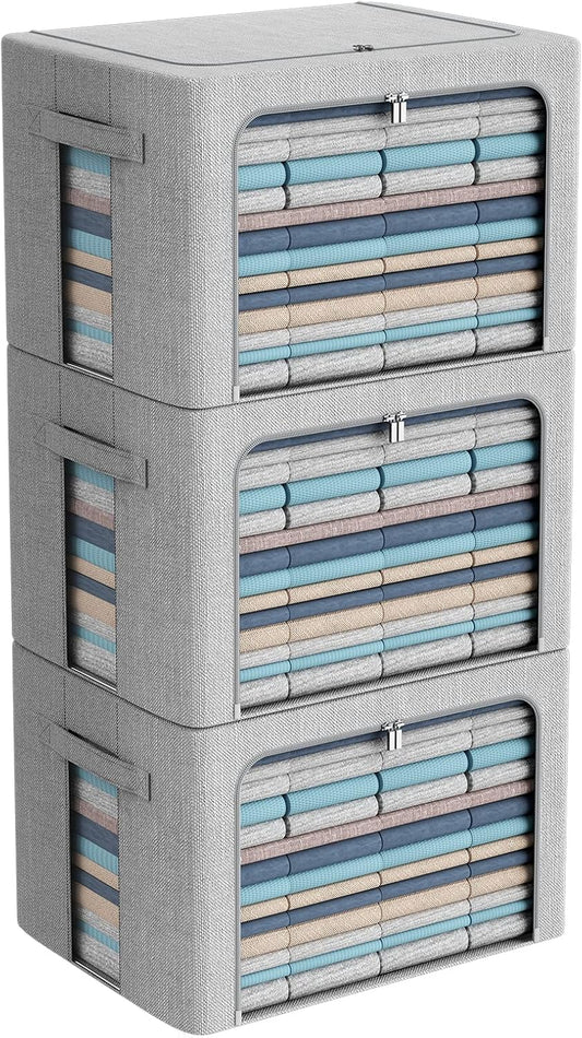 3Pack Foldable Storage Bins - Frame Storage Box Linen Fabric Stackable Clothes Container Organizer with Clear Window & Carry Handles Large Capacity (Extra Large-100L, Light Grey)