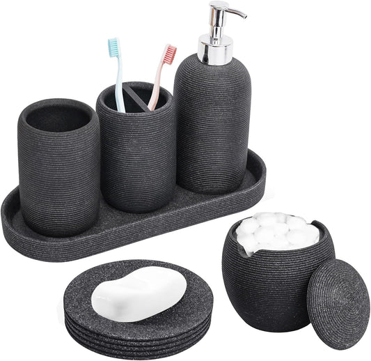 Resin Bathroom Accessory Set - 6PCS Bathroom Accessories Set, Bath Vanity Countertop Accessories with Soap Dish, Lotion Dispenser, Toothbrush Holder, Toothbrush Cup, Vantiy Tray, Qtip Holder (Black)