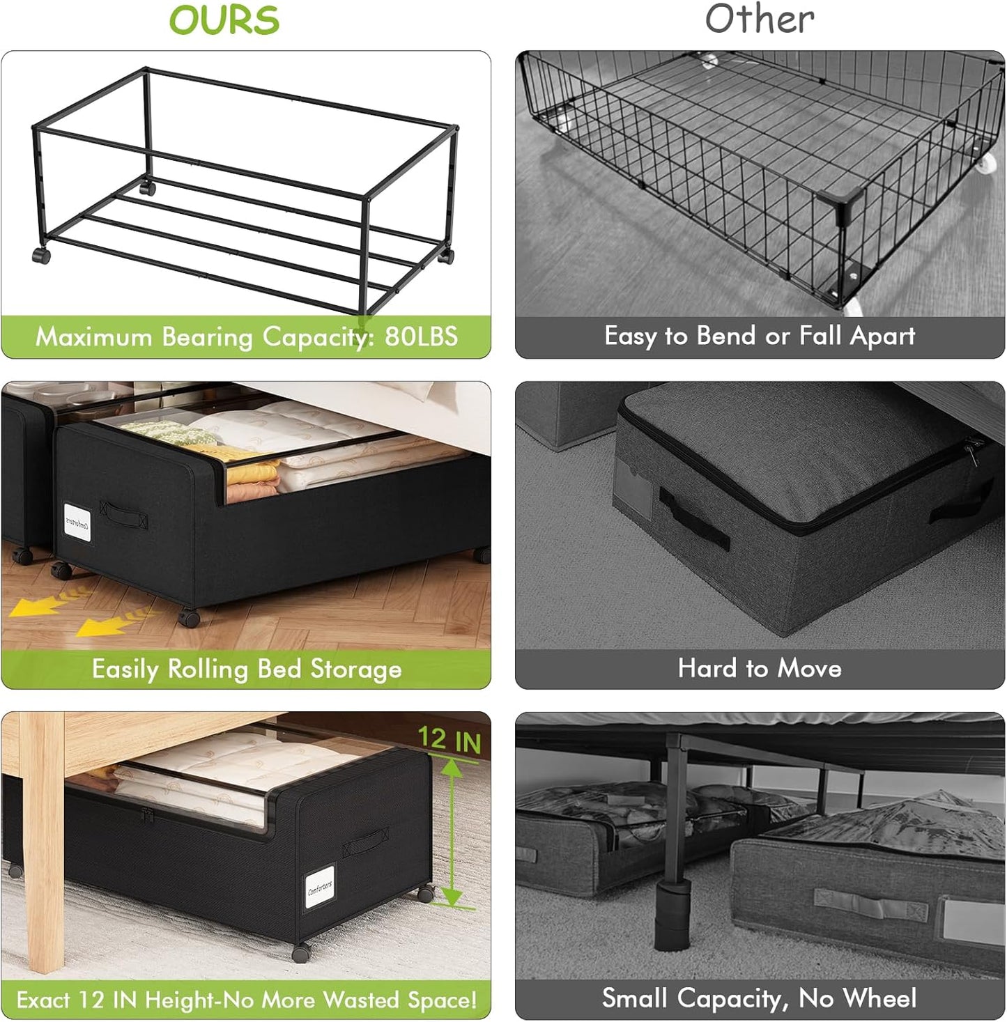 Webetop Under Bed Storage Containers with Wheels,12 inch Under the Bed Storage Bins with Clear Lid for Underneath Small Spaces Dorms, Blankets (2 Pack, 30.7"x17.3"x12")