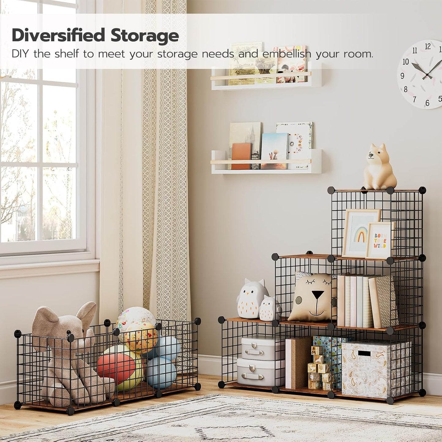 HOOBRO Cube Storage Organizer, Wire Cube Storage, 9-Cube Metal Grid Storage Shelf, Modular Cabinet, DIY Cube Storage Organizer, for Living Room, Bedroom, Study, Rustic Brown and Black BF09CW01