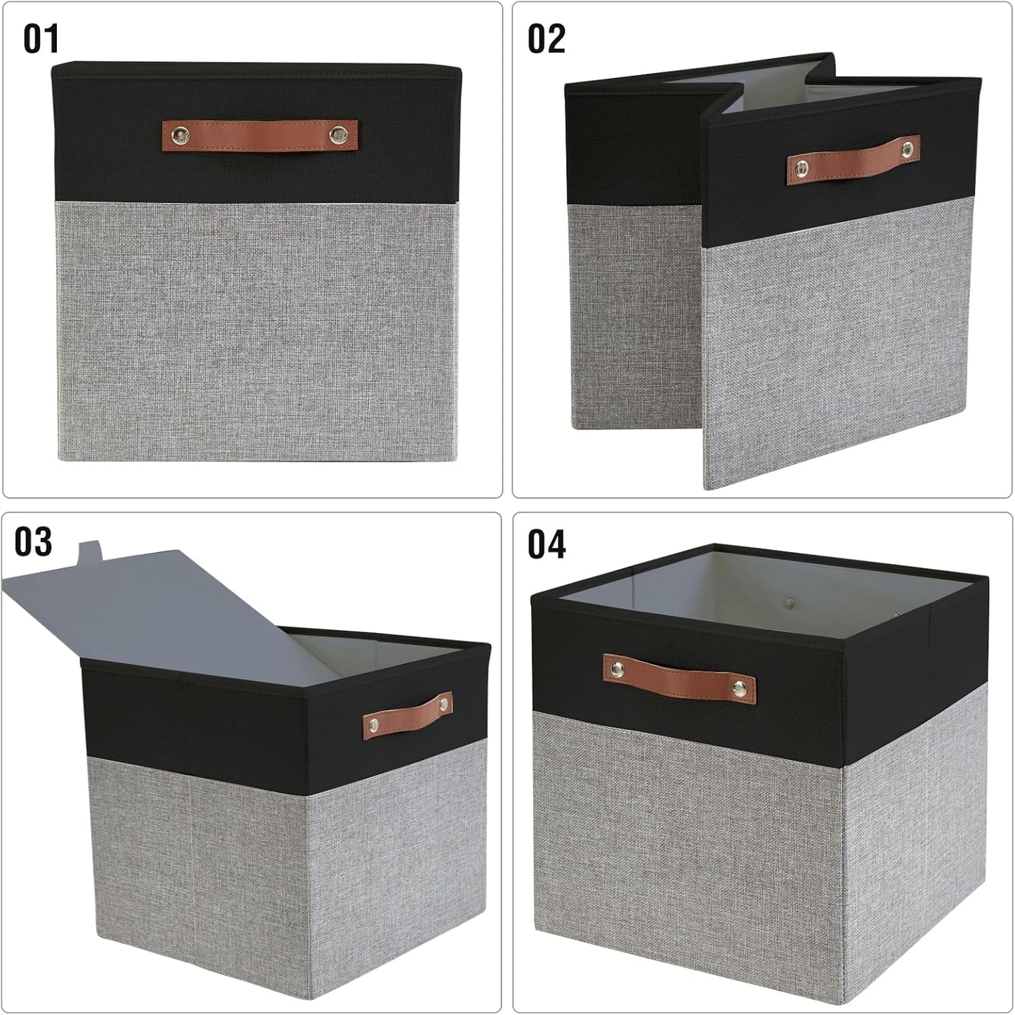 Collapsible Fabric Storage Cube Bins with 2 Reinforced PU Handles, Foldable Storage Organizer Baskets for Closet, Shelves, Living Room | 13"x13"x13", 4 Pack, Black & Gray