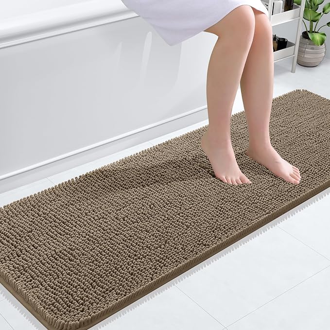 OLANLY Bathroom Rugs 59x20, Extra Soft Absorbent Chenille Bath Rugs, Rubber Backing Quick Dry, Machine Washable Bath Mats for Bathroom Floor, Tub and Shower, Home Decor Accessories, Tan