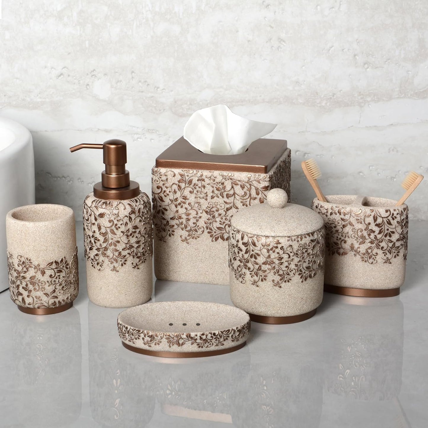 Decozen Bathroom Accessories Set - 6-Piece Modern Bathroom Decor, Countertop Essentials with Soap Dispenser - Birthday Gifts, Beige