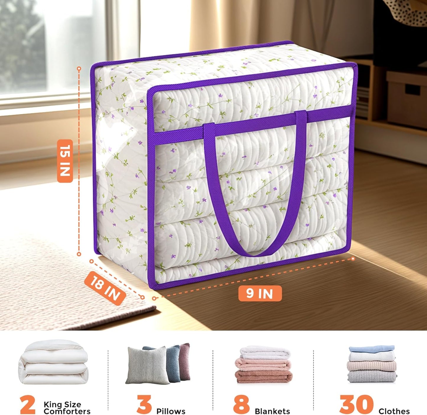 Budding Joy 6 Pack Clear Zippered Storage Bags for Clothes,40L Closet Organizers and Storage Containers Vinyl Moving Bag for Bedding, Linen, Blankets, Comforters, Clothing & Toys