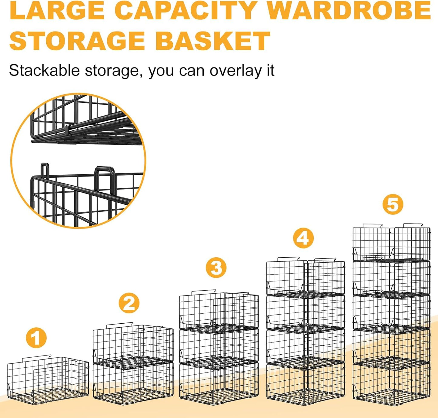 5-Tier Stackable Closet Organizer Shelf – Foldable Metal Storage Bins for Clothes, Sweaters & Towels | Stylish Black Wire Baskets for Bedroom, Wardrobe, Dorm or Entryway