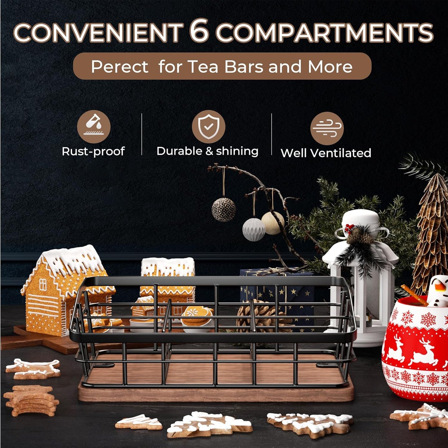 Tea Bag Organizer, Tea Bag Holder Storage with 6 Slots Iron Wire Basket with Wooden Base, Tea Bar Accessories for Countertop Cabinet Drawer, Tea Station for Coffee Capsules Creamer Sweetener Sugar