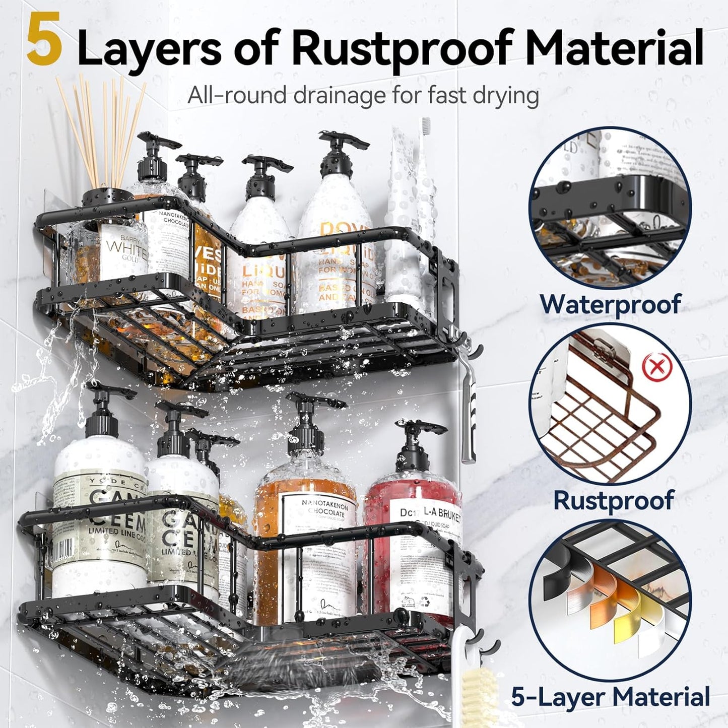 YASONIC Shower Caddy Corner, 3-Pack Adhesive Rustproof Stainless Steel Shower Shelves with Soap Holder, No Drilling Shower Organizer Corner for Dorm, Renters Bathroom, Black