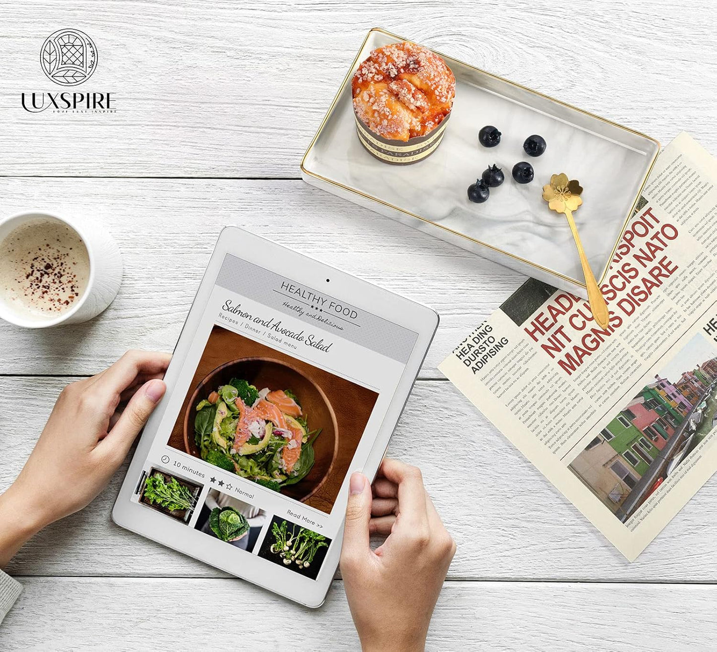 Luxspire Vanity Tray, Marble Ceramic Jewelry Dish Tray, Bathroom Tray with Golden Edged Home Décor, Countertop Organization Bathroom Holder Organizer for Candles, Perfume - Marble White