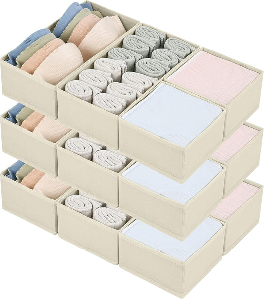 DIMJ Drawer Organizers - Set of 12 Fabric Closet Organizers and Storage, Drawer Dividers for Baby Clothes, Socks, Belt, Tie (Beige)