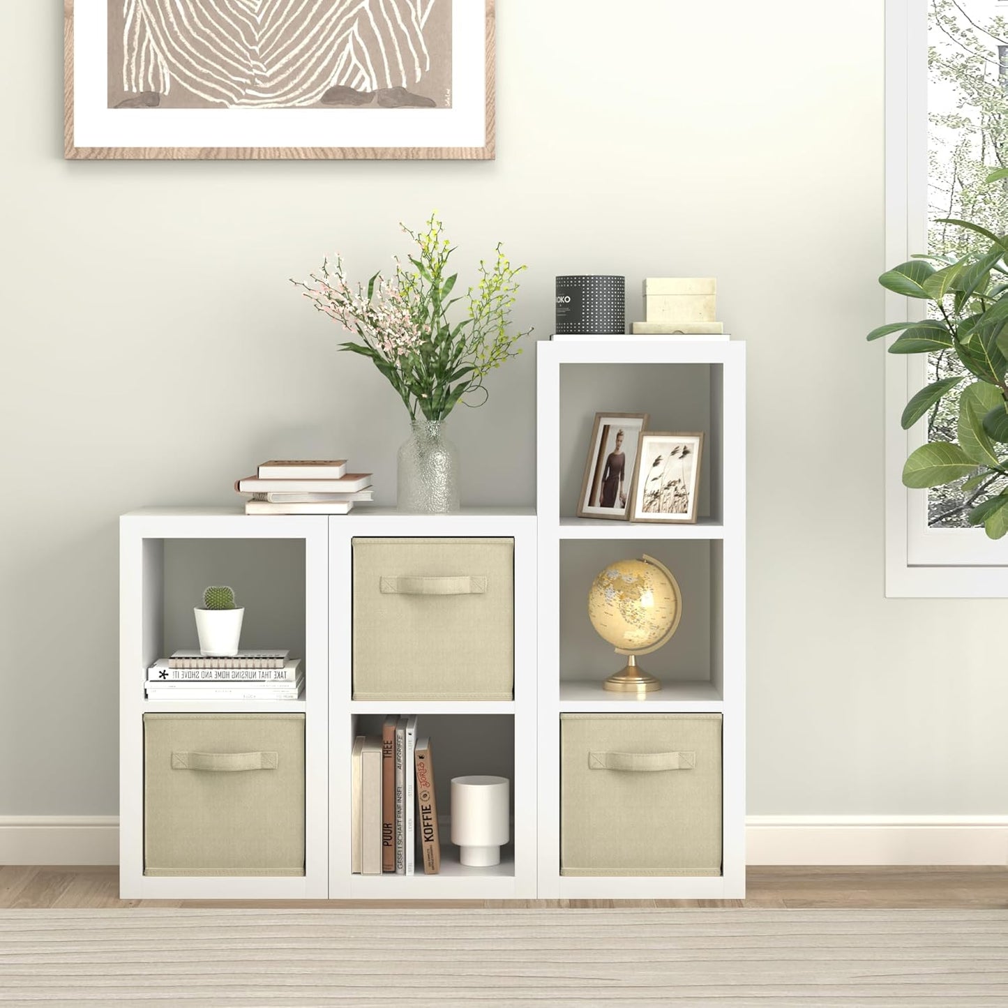 Bookshelf with Storage Bin, 2-Cube Storage Organizer, Modern Wood Open Bookcase, Multifunctional Display Shelf for Living Room, Bedroom, Home Office, White