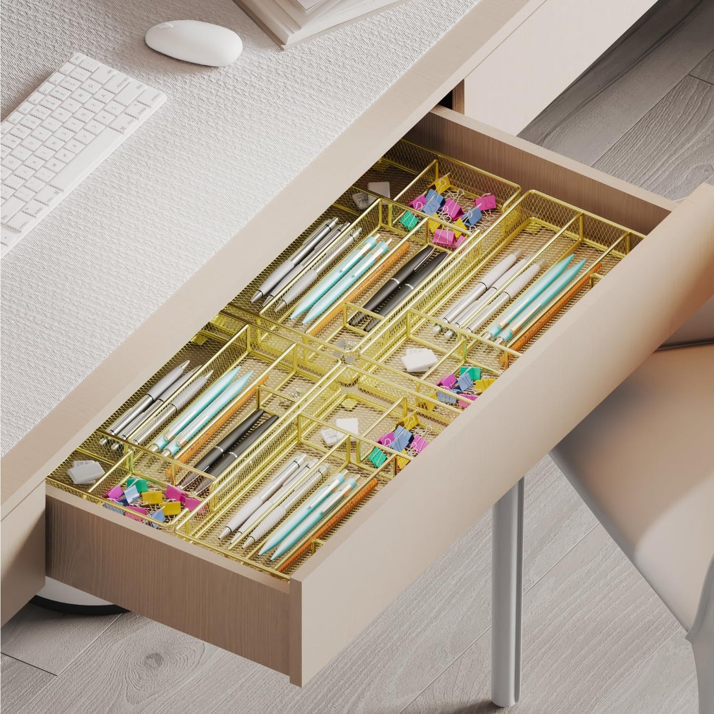 Desk Drawer Organizer Tray, Office Drawer Organizer, Desk Accessories & Workspace Organizers, Suitable for Tools, Pencils, Office Supplies Storage (Gold)