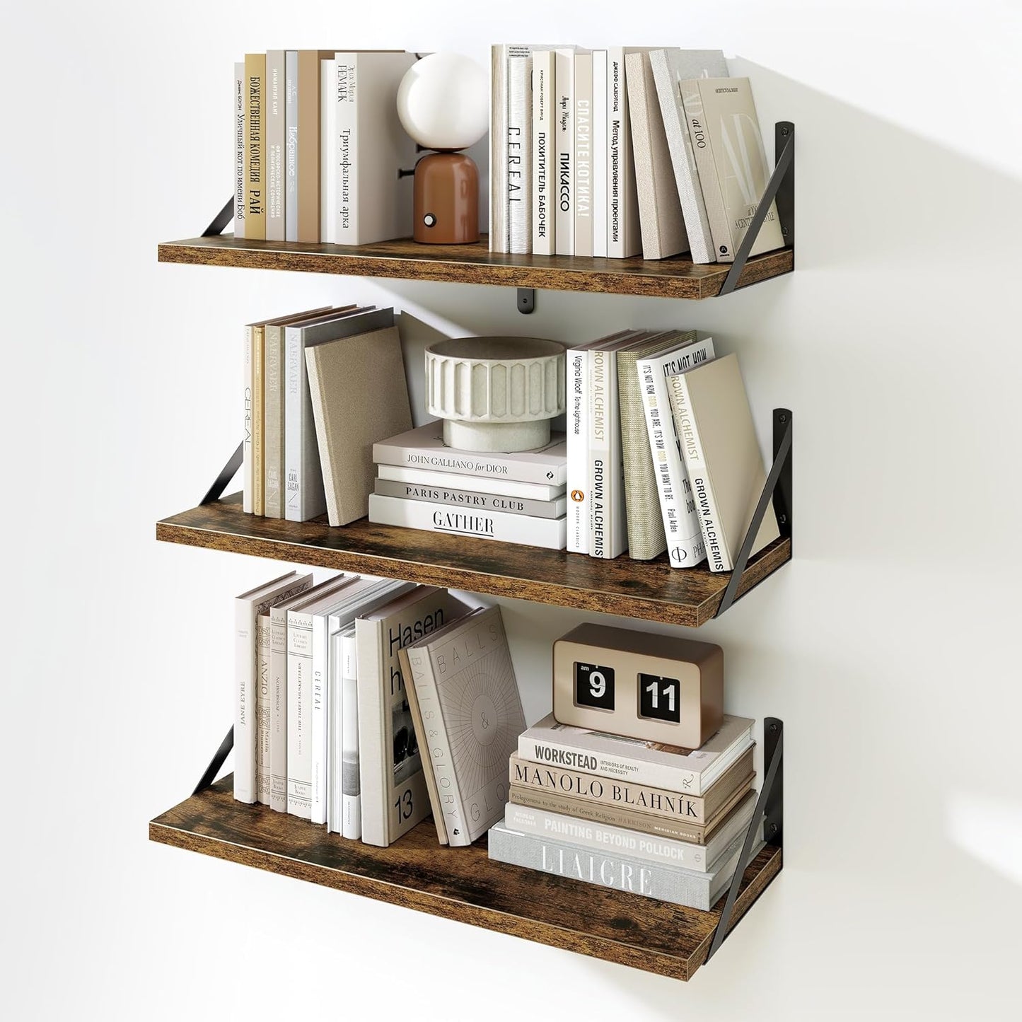 Fun Memories Floating Bookshelves, Set of 3 Wall-Mounted Wood Shelves 24" W x 8" D, Decorative Wall Shelf for Living Room, Bedroom, Bathroom, and Laundry Room (Rustic Brown)