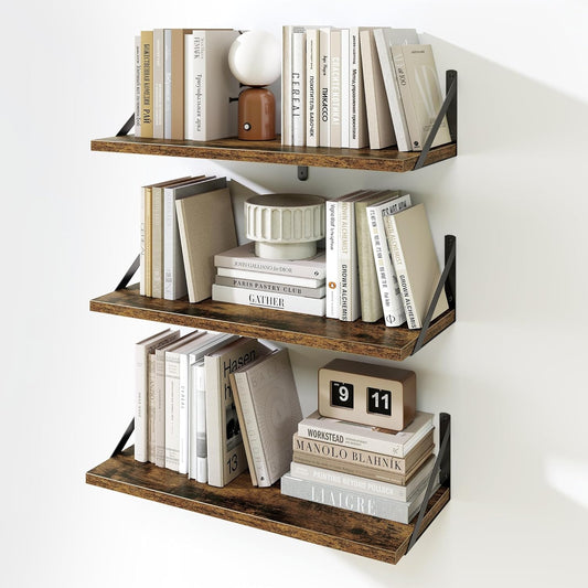 Fun Memories Floating Bookshelves, Set of 3 Wall-Mounted Wood Shelves 24" W x 8" D, Decorative Wall Shelf for Living Room, Bedroom, Bathroom, and Laundry Room (Rustic Brown)