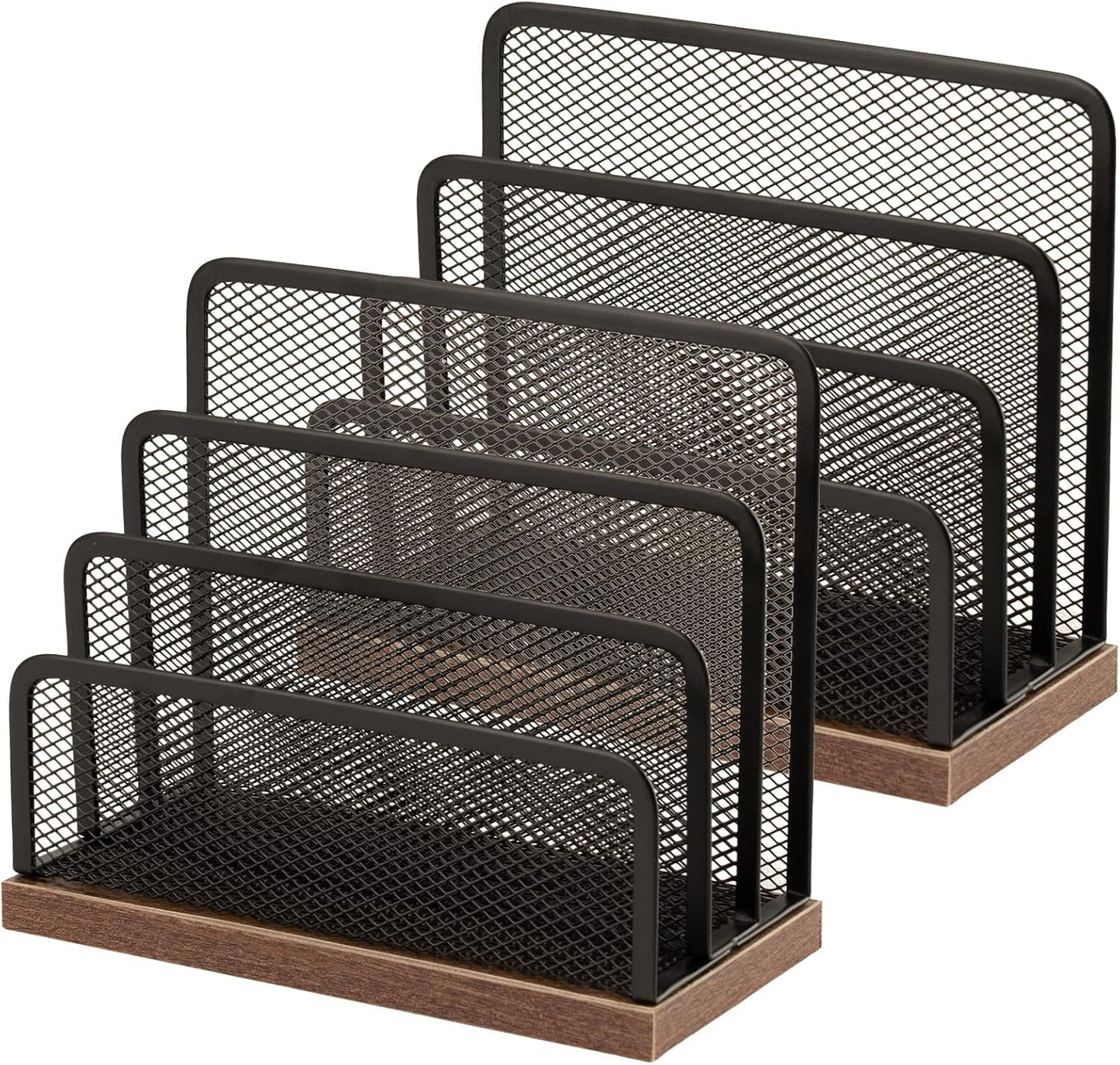 Wooden Desk Mail Organizer, Desktop File Organizer Metal Mesh with 3 Vertical Upright Compartments, Mail Sorter Letter Organizer Rack for Letters, Postcards, Brochures, Mail Holder (2 Pack Black)