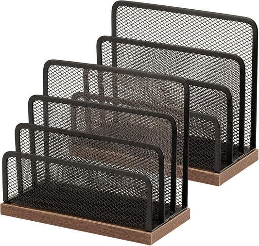 Wooden Desk Mail Organizer, Desktop File Organizer Metal Mesh with 3 Vertical Upright Compartments, Mail Sorter Letter Organizer Rack for Letters, Postcards, Brochures, Mail Holder (2 Pack Black)