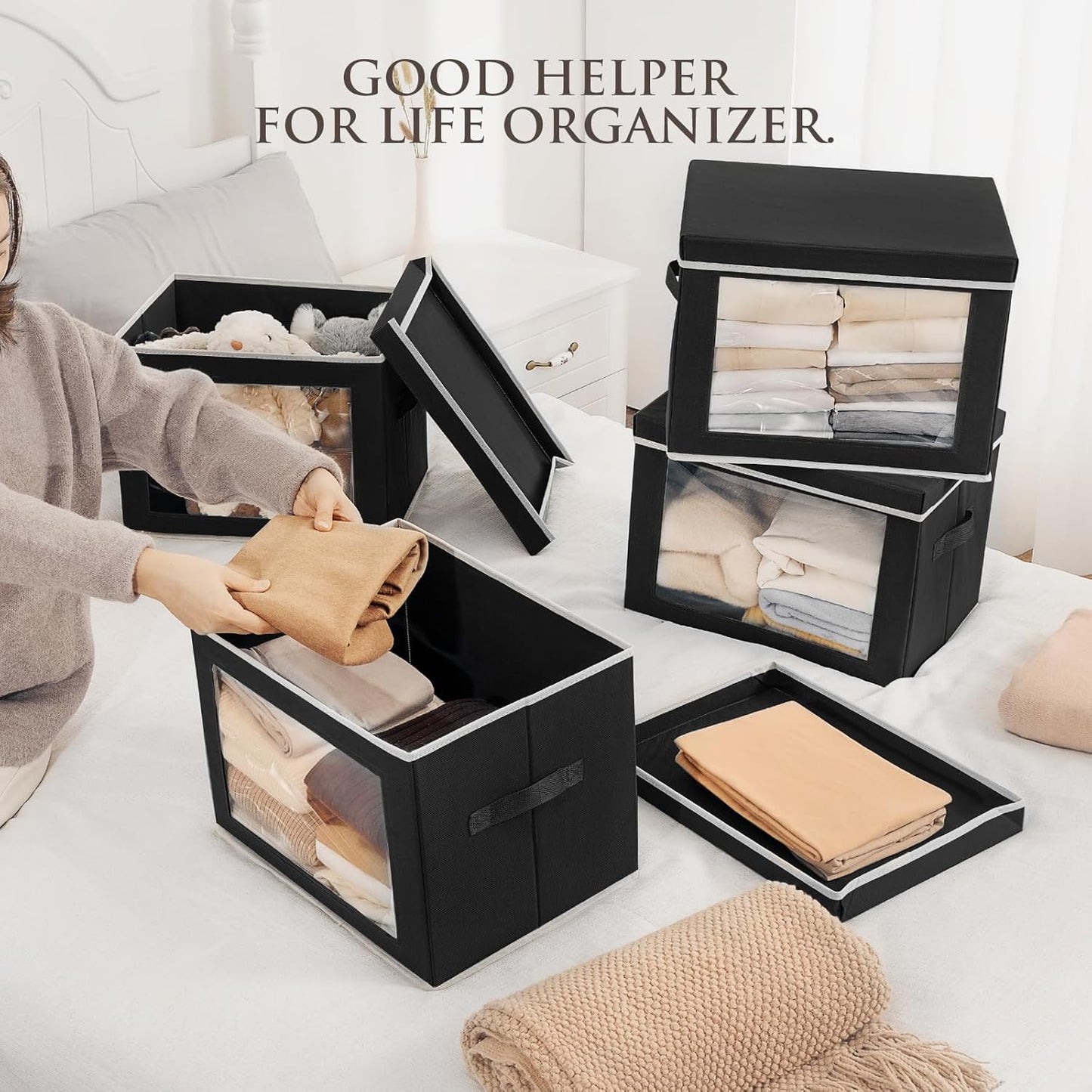 Stackable Storage Bins with Lids - Large Decorative Basket with Lids, Fabric Foldable Closet Organizer Bins, Shelf Organizer for Living Room, Dorm, 5 Pack, Black