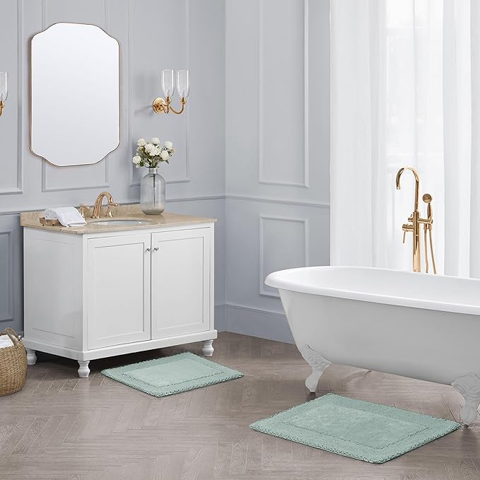 Laura Ashley Ruffle Border 100% Cotton Bath Rug Set, Aqua, 17" x 24"/ 20" x 32"