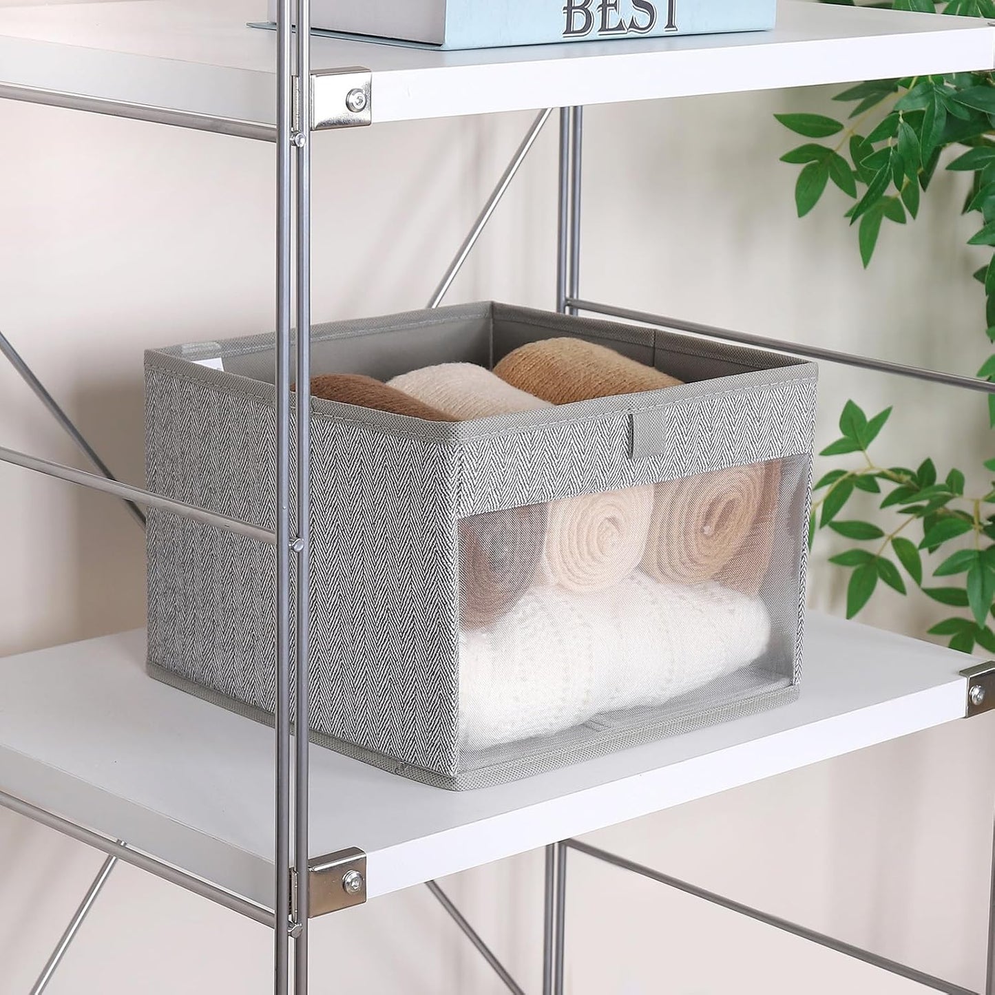 WUIKE Closet Storage Bins, Medium Storage Boxes with Clear Window, Fabric Storage Baskets for Organizing Clothes, Sheets, Blankets, Decorative Storage Bins, Herringbone Gray