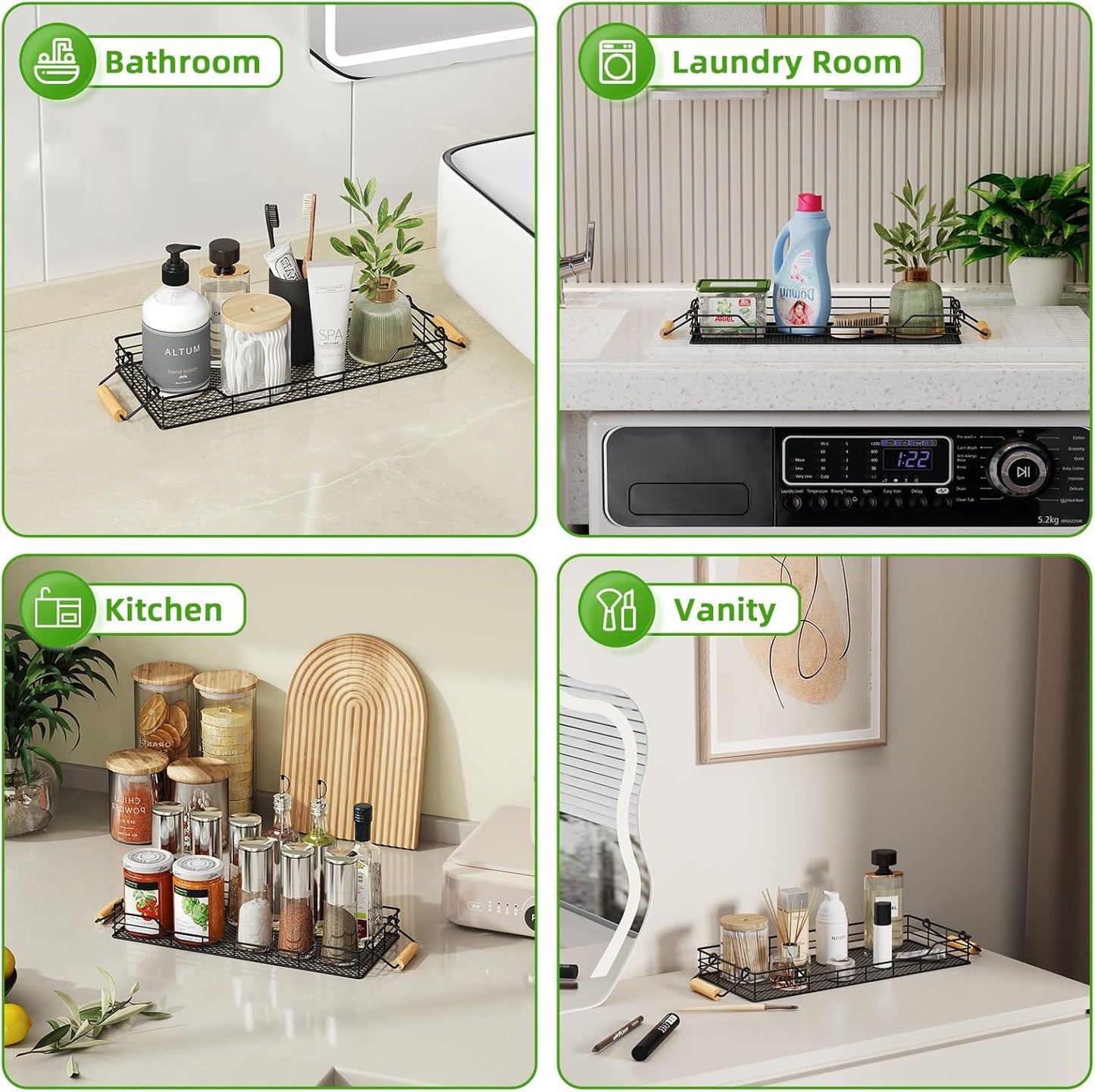 VITVITI Metal Toilet Paper Basket Storage, Bathroom Toilet Tank Tray with Bamboo Handle Countertop, Back of Toilets Tray Basket for Vanity Kitchen Counter Decor, Black