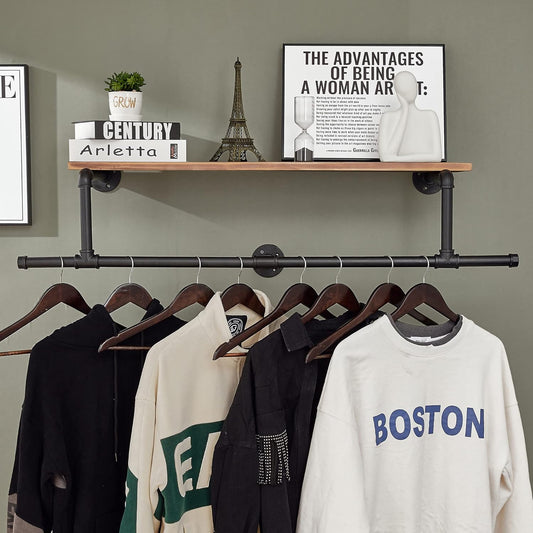 36In Industrial Pipe Clothing Rack with Top Shelf, Space-Saving Wall Mounted Clothes Rack, Shelf with Hanging Rod for Closet Storage, Laundry Room. (1T, Brown)…