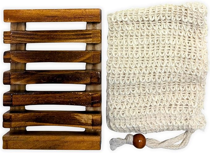 Natural Wooden Soap Dish & Sisal Exfoliating Pouch Set – Eco Soap Saver Holder & Soap Tray – Plastic-Free Bathroom, Shower & Kitchen Accessories – Sustainable Bath Gift