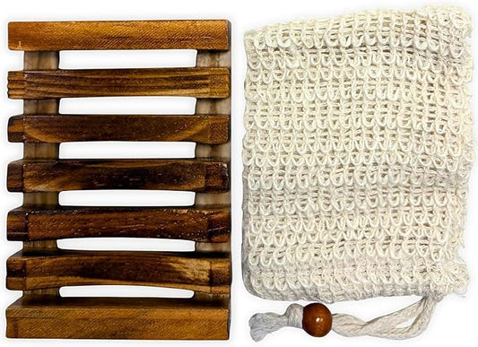 Natural Wooden Soap Dish & Sisal Exfoliating Pouch Set – Eco Soap Saver Holder & Soap Tray – Plastic-Free Bathroom, Shower & Kitchen Accessories – Sustainable Bath Gift