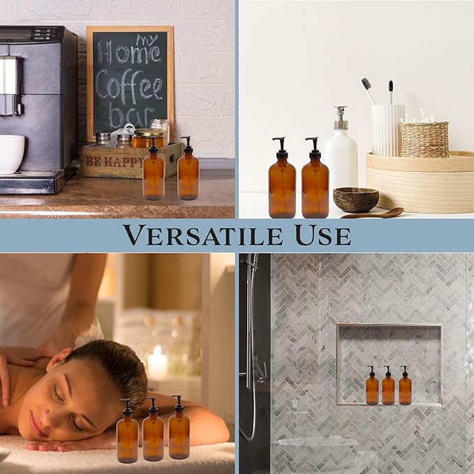 Cornucopia Brands 4oz Amber Glass Pump Bottles (Pack of 4) Great for Lotions, Liquid Soap, Aromatherapy and More