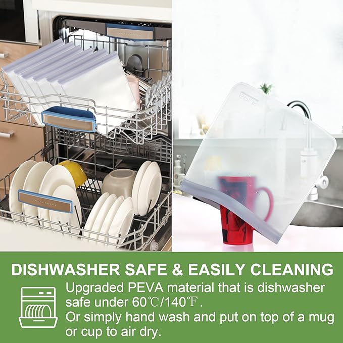 SPLF 6 Pack Reusable Gallon Freezer Bags Dishwasher Safe, BPA FREE Reusable Food Storage Bags, Extra Thick Leakproof Silicone Free 1 Gallon Bags for Marinate Meat, Cereal, Sandwich, Snack, Travel Item