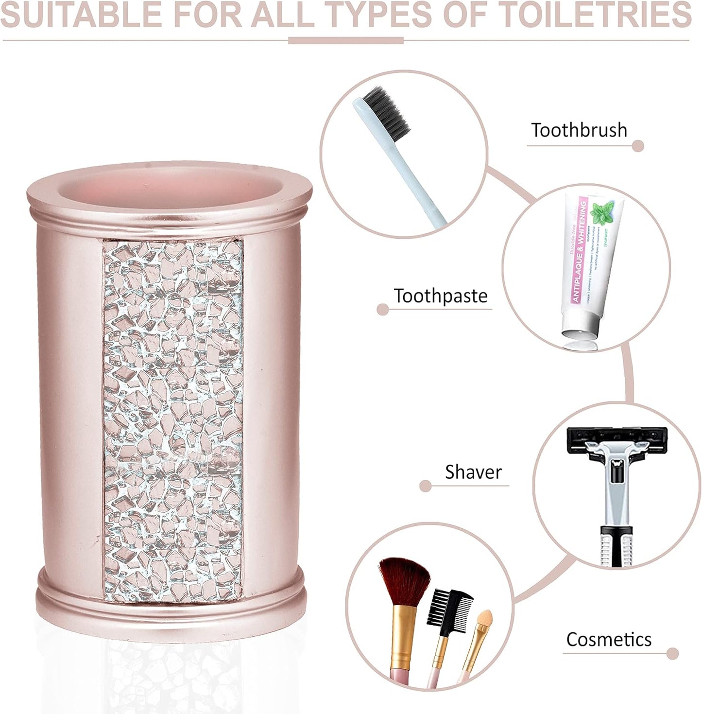 Zahari Home 4pc Sinatra Stylish Bathroom Accessories Set Liquid Soap Dispenser, Tumbler, Tooth Brush Holder and Soap Dish Modern Classic Luxury Decor Bling Mosaic Glass Blush Bathroom Accessories