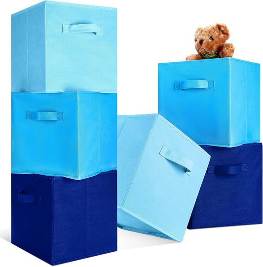 Karenhi 11 x 10. 5 x 10. 5 Blue Storage Cube, 6 Pack Fabric Cube Storage Bins Organizer Box, Collapsible Baskets with Handles Foldable Shelf for Cloth Toys Home Room Closet, Pack of 6